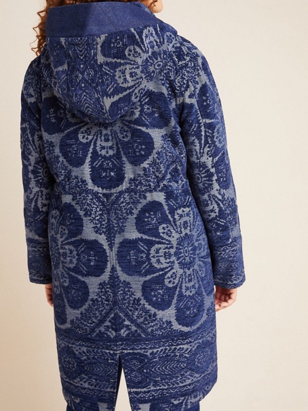 Anthropologie Blue Chenille Tapestry Patterned Long Women's Coat Parka Sz 1X - Picture 3 of 16